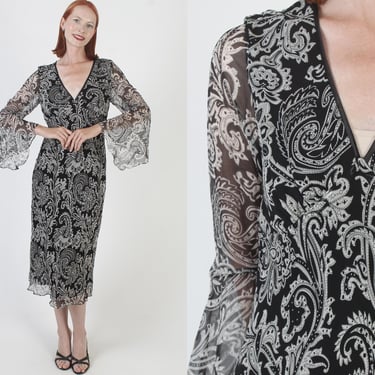 Ice Silk Dress, 90s Grunge Gown, Vintage Y2K Prom, Silver Paisley Print, Tag Size 8 