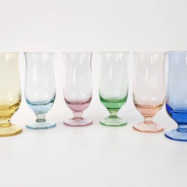 Vintage Miniature Glass Set of 6 / Multi Colored Sherry Glasses / Curvy Footed Cordial Glasses / Six Rainbow Shot Glasses 