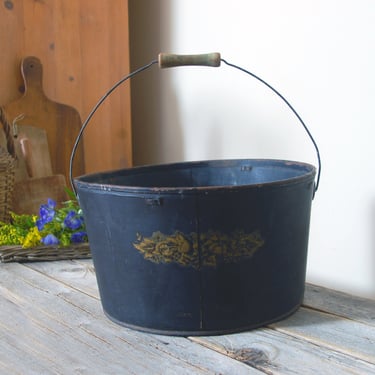 Antique cheese bucket pail / black cheese container with bail handle / vintage cheese bucket / rustic primitive decor / farmhouse storage 