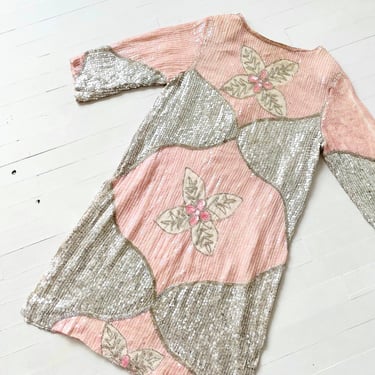 1980s Pink + Silver Beaded Sequin Silk Dress 