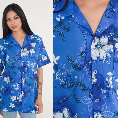 70s Hawaiian Shirt Blue Tropical Floral Button Up Shirt Flower Leaf Print Retro Surfer Vacation Short Sleeve Top Vintage 1970s Mens Medium M 