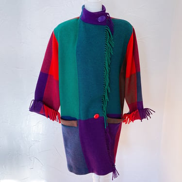 80s Amazing Rainbow Plaid Wool Coat With Fringe | Small/Medium/Large 