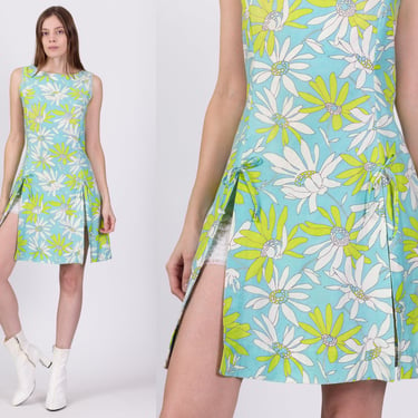 60s Floral High Slit Mini Dress - Medium | Vintage Sleeveless Blue Green A-Line Sundress 