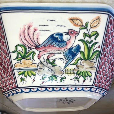 Large Vintage Portuguese octagon Square Serving bowl, Planter, Arte Ceramica Arcer Portugal de Conimbriga Hand Painted Bird Scene 