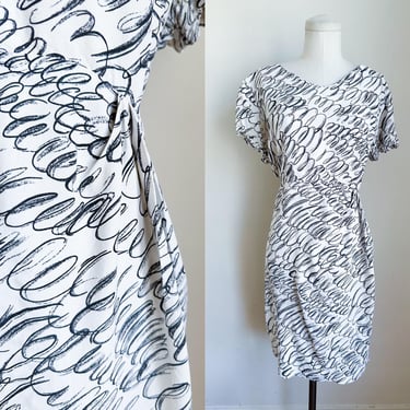 Vintage 1950s Scribble Print Rayon Dress / XL 