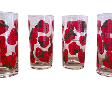 Vintage 1970s Set of Four Strawberry Glasses by Colony Glassware 5.5” 