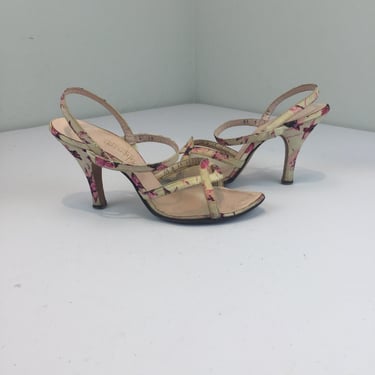 Anita Smok og Dejlig - Vintage 1950s Cream & Fuchsia Floral Strappy Shoes Heels - 6 1/2M 