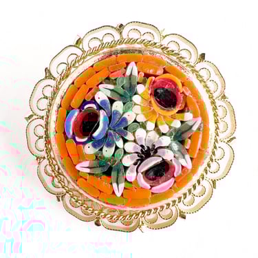 Vintage Italian Micro Mosaic Brooch, Round Mosaic Brooch, Brass Filigree Setting, Vintage Floral Jewelry, Mid Century Jewelry, Orange Glass 