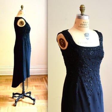 Vintage Black Beaded Dress Medium Large Sleeveless Dress // 80s 90s Vintage Beaded Prom Party Dress with High Low Hem Size Medium by Bizar 