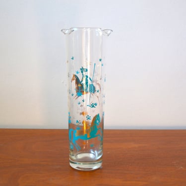 Mid Century Glass Cocktail Pitcher with Turquoise and Gold Polo Graphics by Cera 
