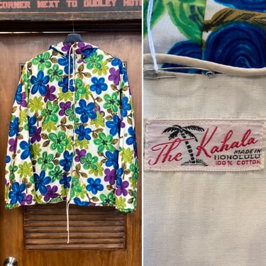 Vintage 1960’s Hawaiian “Kahala” Mod Floral Cotton Hooded Windbreaker Jacket, Rare Style, 60’s Vintage Clothing 