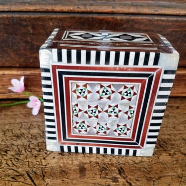 Small Egyptian Wood Jewelry Box~Vintage Handmade Box with Inlaid MOP~Trinket Box 