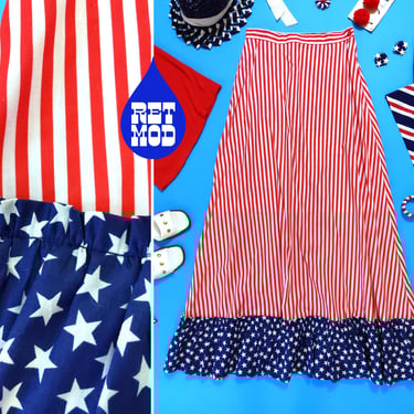 Pop Art Vibes Vintage 60s 70s Red Stripes Blue Stars Americana Maxi Skirt 