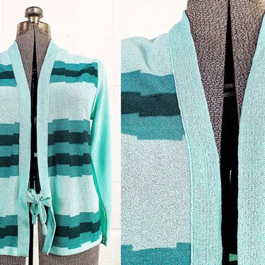 Vintage Striped Cardigan Sweater Open Front Belted Knit Twin Peaks Green Stripe Boho 1970s Medium Large 