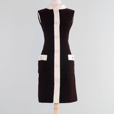 Elegant 1960's Pat Sandler Chocolate Velvet Cocktail Dress With Ivory Silk Trim / Small