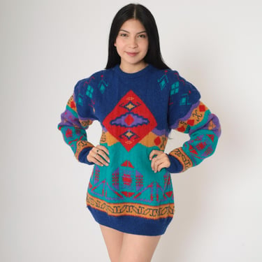 Vintage Wool Geometric Sweater 80s 90s Southwestern Sweater Blue Turquoise Red Knit Argyle 1980s Boho Pullover Southwest Scottish Medium 