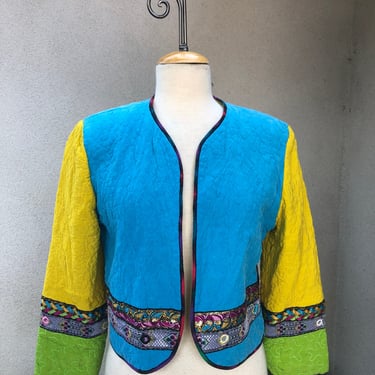 Vintage boho Marie Studer bolero jacket cotton soft quilt fabric blues yellow green lined size S/M 
