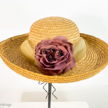 1980s Straw Flower Hat | 80s Straw & Rose Hat 