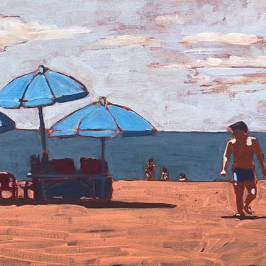 Man on Beach #3 - Original Acrylic Painting on Canvas, 16 x 12, michael van, summer, pop, fine art, small, summer, umbrellas, ocean, clouds 