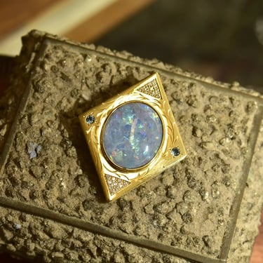 Vintage 18K Gold Mosaic Opal Diamond Cluster Blue Gemstone Pendant, 20 Diamond Accents, Large Solid 750 Blue Opal Triplet Pendant, 2