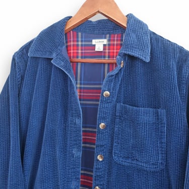 corduroy shirt / LL Bean shirt / 1990s LL Bean navy blue plaid lined corduroy button up long sleeve shirt Small 