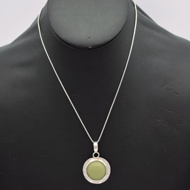 70's etched sterling nephrite circle pendant, rough made green stone 925 silver hippie necklace 