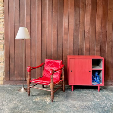 Old Red Patent Leather Safari Chair Vintage Fringe Mid-Century Danish Design 