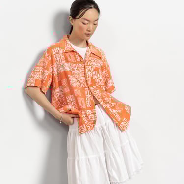 COTTON HAWAIIAN SHIRT Floral Vintage 70's Grunge Orange Short Sleeves / Medium 