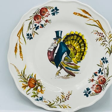 Vintage  Thanksgiving Harvest Turkey Candy Cookie Dish Canape Plate Scallop Rim- Chip Free 