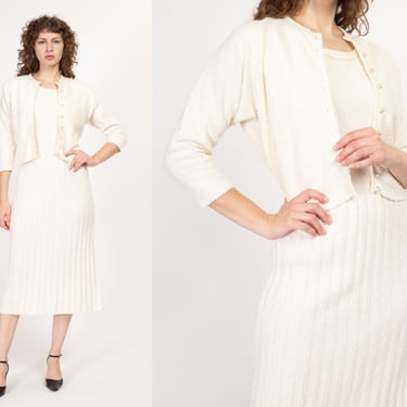 Medium 1950s White Boucle Knit Midi Dress & Cardigan Set | Vintage 50s A Line Matching Two Piece Outfit 