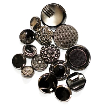 Early 1900s to 1950s Silver Lustre Black Glass Buttons - 15 Hand Selected 