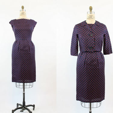 1950's polka dot silk dress and jacket medium | vintage two piece set 