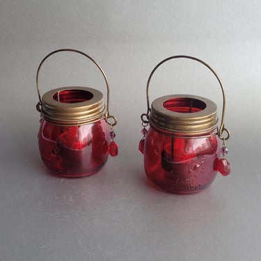 BOHO style hanging tea light candle holder Upcycled beaded glass candle holder Repurposed red glass jar Bohemian home decor 