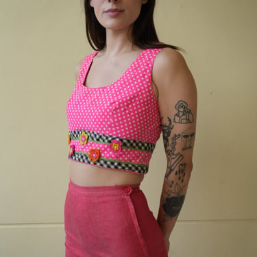 60's Crop Top / Felted Flowers with Faceted Studs Sleeveless Cropped Shirt / Sixties / Cropped Shell Top / Modern 60's Shirt 