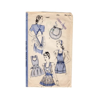 Vintage 1940s Apron, Hollywood Sewing Pattern 1667, Bib and Hostess Aprons in 5 Views, Complete with Factory Folds, One Size 