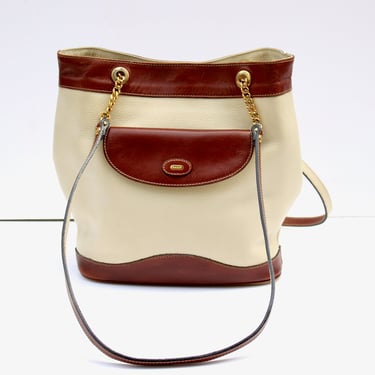 Vintage Bally Two Tone Leather Shoulder Bag Bucket Purse - Pebbled Leather Top Opening Crossbody Bag 