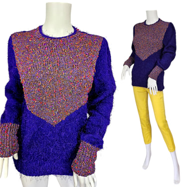 1980's Purple Eyelash Chenille Pull Over Sweater I Sz Med Knit Sweater I Metallic Thread 