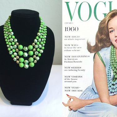A Twist of Delight - Vintage 1950s 1960s Chartreuse Lime Green Bead 4 Strand Necklace 