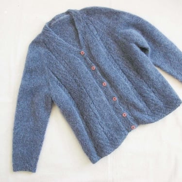 Vintage 90s Hand Knit Mohair Cardigan S M - 1990s Gray Blue Boxy V Neck Cable Knit Button Up Sweater 