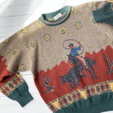 wool sweater 90s vintage Tricots St. Raphael cowboy horse cactus intarsia sweater 