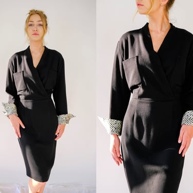 Vintage Gianfranco Ferre Studio Black Wrap Bodice Dress w/ BlacK & White Layered Split Cuffs | Made in Italy | 1980s Italian Designer Dress 
