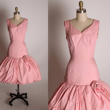 1950s Pink Drop Waist Mermaid Flare Hem Sleeveless Formal Cocktail Flower Detail Bubble Hem Dress -XS 