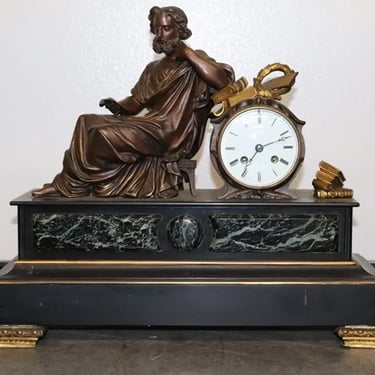 Fine French Verdi Marble and Bronze Mantel Clock of an Enrobed Wise Old Scholar