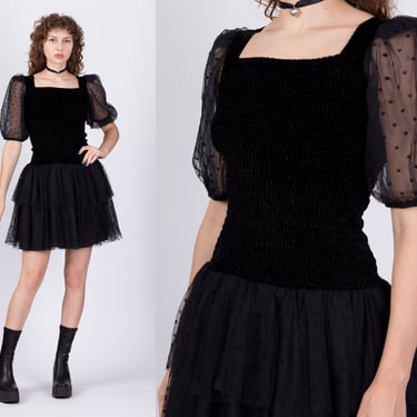 80s Black Velvet Tulle Mini Dress - Small | Vintage Fit & Flare Puff Sleeve Polka Dot Tutu Dress 