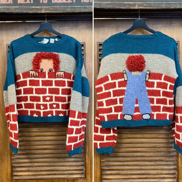 Vintage 1980’s Wool Hand Knit Cartoon 2-Sided Brick Wall Cropped Sweater, 80’s Vintage Clothing 