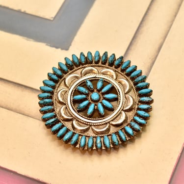 Vintage Zuni Needlepoint Turquoise Brooch Pin, Handmade Sterling Silver Turquoise Medallion Brooch, Native American Old Pawn Jewelry, 2 1/2