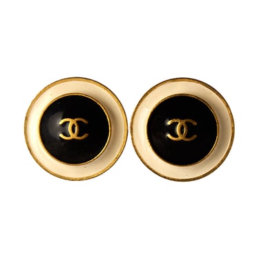 Chanel Ivory +Black Enamel Logo Earrings