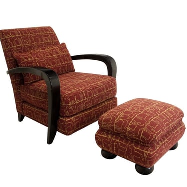 Contemporary Modern Henredon Wood Upholstered Lounge Chair & Ottoman 