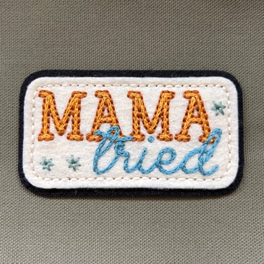 Handmade / hand embroidered black & off white felt patch - 'Mama Tried' block and cursive lettering  - traditional tattoo flash lettering 