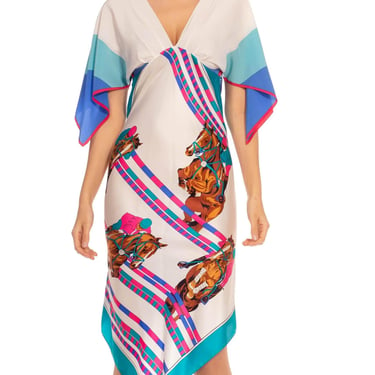 MORPHEW COLLECTION White & Blue Silk Twill Polo Two Scarf Dress Made From Vintage Scarves 